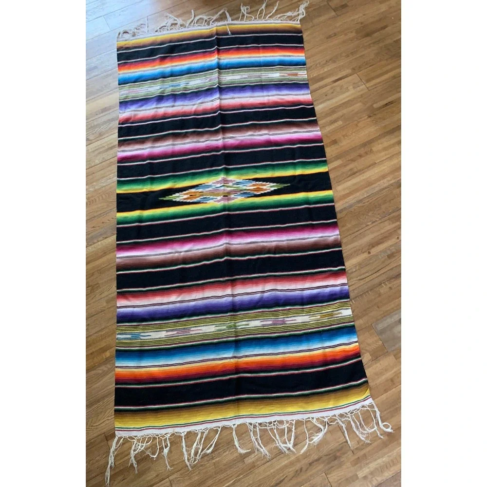 Vintage Mexican Handwoven Saltillo Sarape  Blanket Stripe Boho Western 75x38